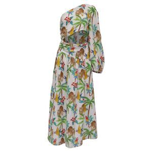 Farm Rio Tropical Paradise One Shoulder Midi Dress in Multicolor Linen
